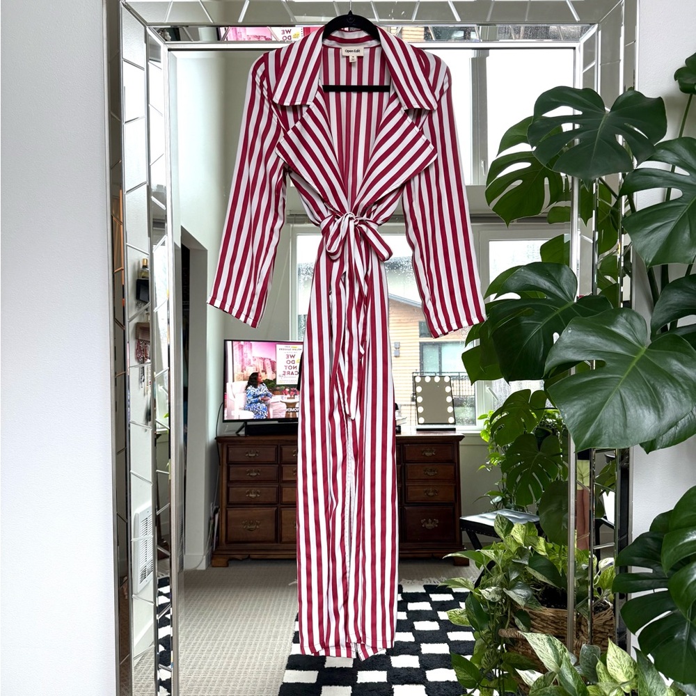 Open Edit | Red/White Striped Satin-Effect Duster - Picture 2 of 7
